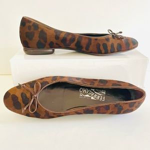 Ferragamo brown ponyhair animal print ballet flats 7.5